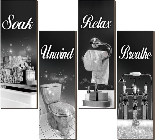 Honoson Bathroom Decor Wall Art - 4 Pcs Farmhouse Signs for Soaking, Unwinding, and Relaxing | Black & Silver