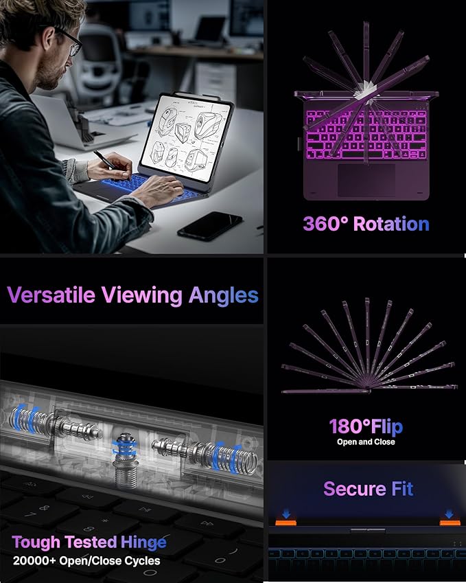 typecase Touch Case with Keyboard for iPad Pro 13"(M5/M4, 2025/2024), iPad Air 13"(M4/M3/M2, 2026/2025/2024) & iPad Pro 12.9", Trackpad, 360° Rotatable, 11-Colors Backlit, Soft Purple
