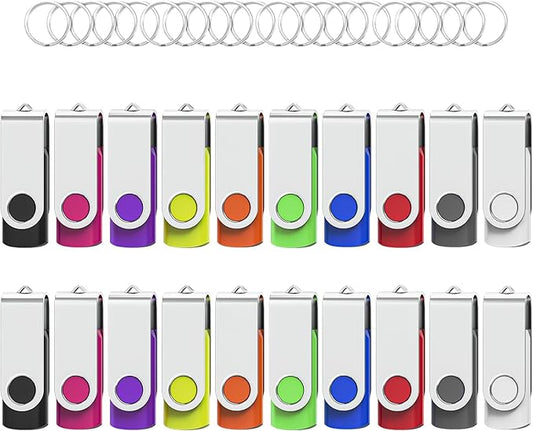 Wooolken Flash Drives 16GB 20 Pack with Keychains, Swivel USB 2.0 Thumb Drives Bulk USB Drive Memory Stick Date Storage Pack (Mixcolors)