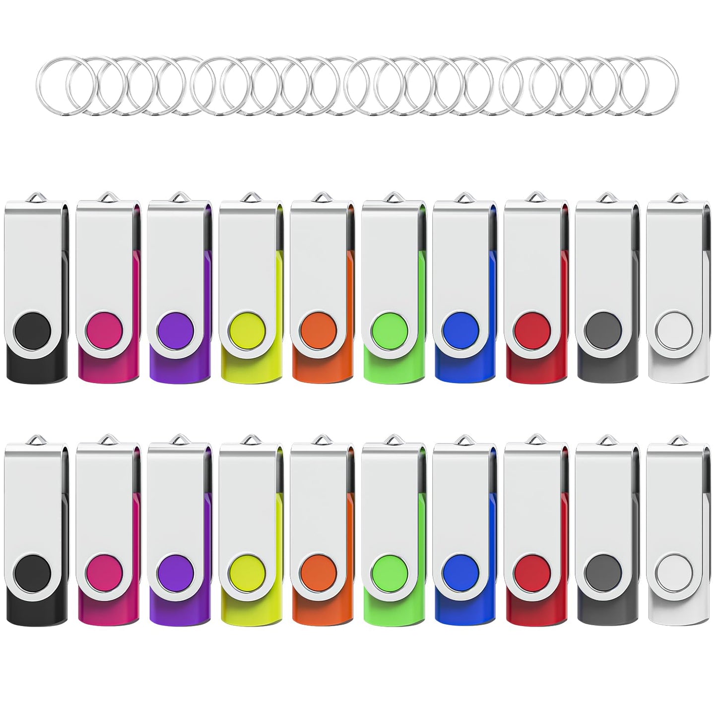 Wooolken Flash Drives 16GB 20 Pack with Keychains, Swivel USB 2.0 Thumb Drives Bulk USB Drive Memory Stick Date Storage Pack (Mixcolors)
