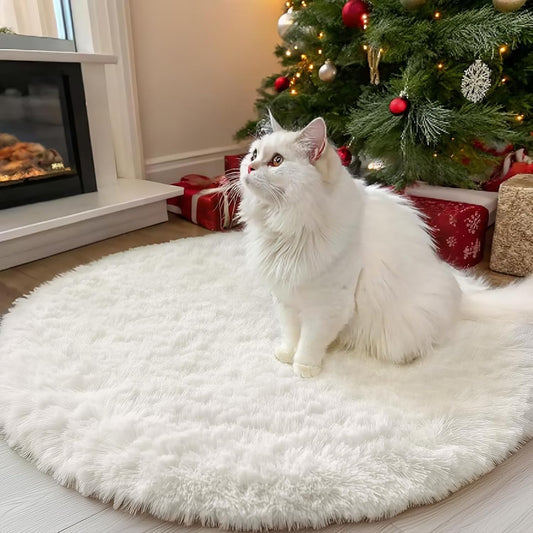 OLANLY Round Ivory Area Rug - Soft, Machine Washable 3 ft Shaggy Carpet for Bedroom & Living Room Decor