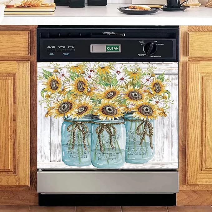 Farm Sunflower Dishwasher Cover Magnet Sticker, Vase Sunflowers Fridge Decal Magnetic Panel, Farm Style Vinyl Home Appliance Cover, Magnetic 23"x17"INCH