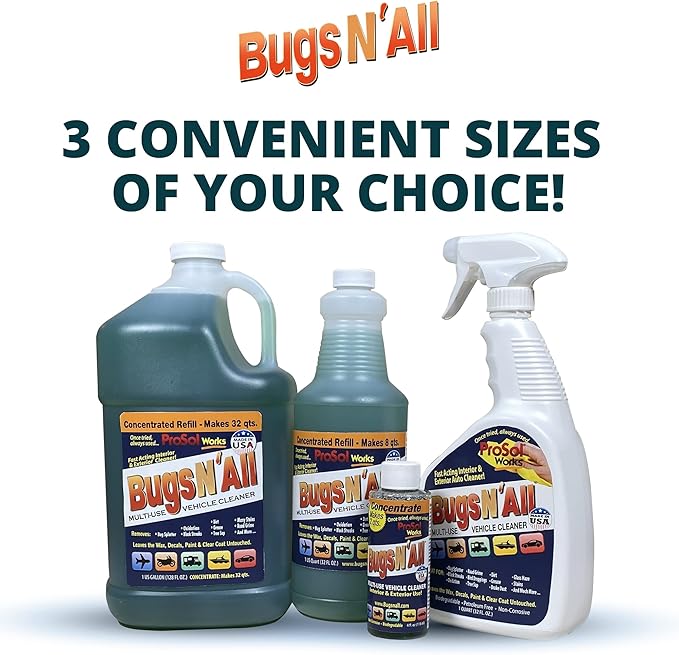 Bugs Nâ All Multipurpose Car Cleaner & Degreaser - Bug & Tar Remover Concentrate 32 oz - Exterior Cleaner Safe for Car Paint, Metal, Chrome, Aluminum, Windows & Mirrors - w/Free 32 oz Spray Bottle