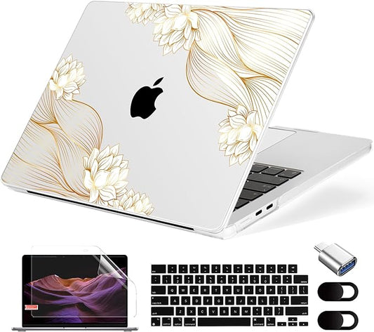 MecBevia Compatible with MacBook Air 13.6 inch Case, M4 A3240/M3 A3113/M2 A2681 (Released 2025 to 2022), Hard Shell, Keyboard Cover, Screen Protector, Webcam Cover & Type-C Adapter, Gold Lace Flower