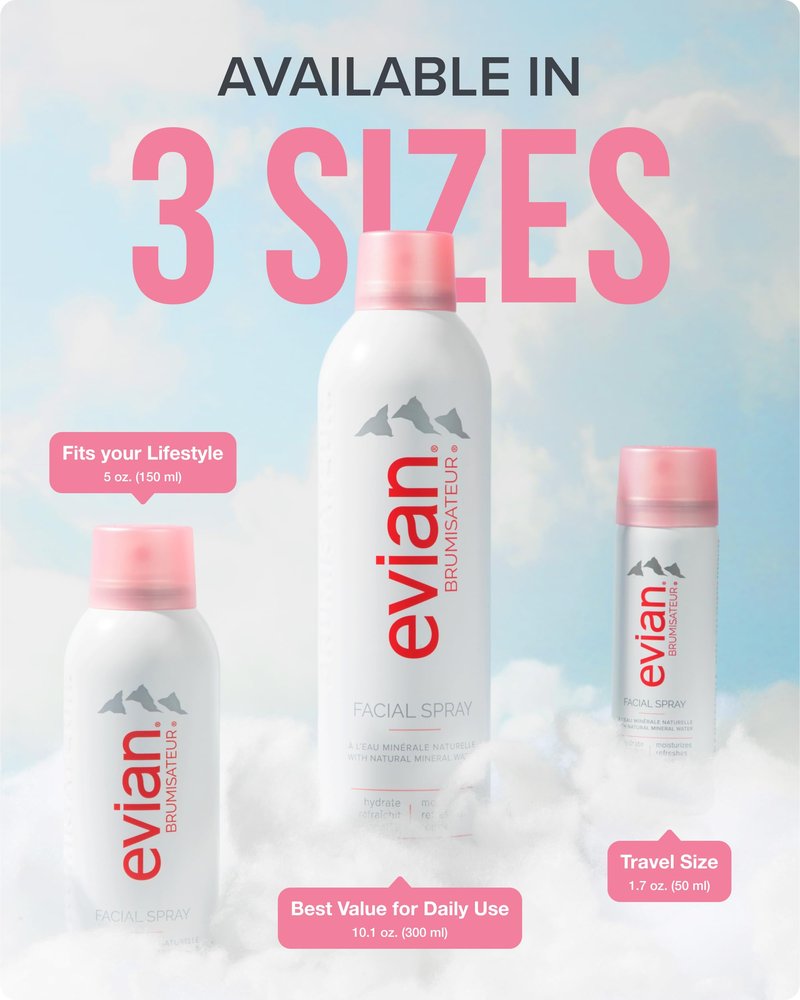 Evian Facial Spray 1.7 oz, Hydrating Mineral Water Mist for Face & Skin, Refreshes Makeup and Tones Skin, TSA-Approved Mini Facial Spray to Hydrate and Support On-the-Go Skincare