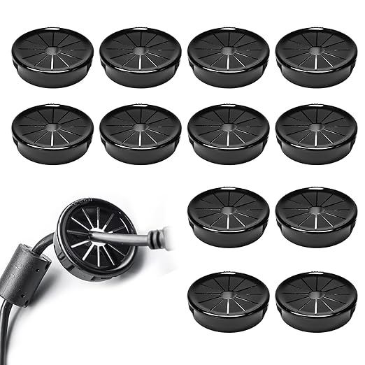 BOPOREAE 12 Pcs Cable Grommet, Snap Bushing 1-9/16" (40 mm) Mounting Diameter, Flexible Petal-Shaped Buckle Round Nylon Desk Grommet for Wires Through Countertop Cord Organizer and Protection, Black