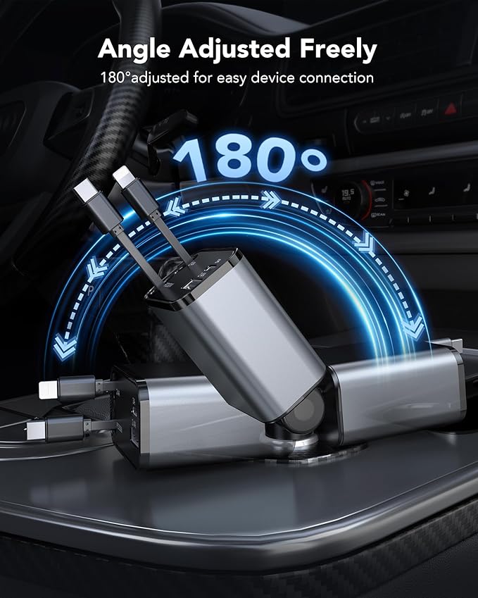 2026 Updated 85W Retractable Car Charger, 4-in-1 Fast Car Phone Charger with 2.6ft Two Retractable Cables and USB C+USB A Car Charging Block Cube, Compatible with iPhone 13 14 15 16 17 Pro Max, Plus