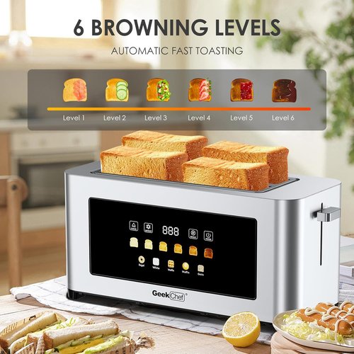 Geek Chef 4-Slice Long Slot Toaster - Extra Wide Slots for Bagels & Waffles, Touch Screen, Stainless Steel