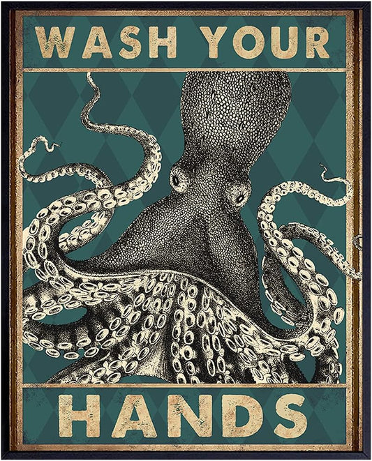 Octopus Nautical Bathroom Wall Art - Funny Beach Decor | Unique Wash Your Hands Sign for Guest Bath