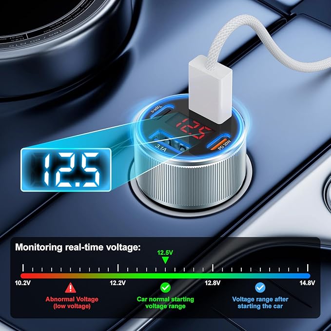 Car Phone Charger for iPhone 17 16 15, Besgoods USB C Car Charger Adapter 4 Ports with Voltmeter PD&QC Fast Charging Cigarette Lighter for Galaxy S25 S24 S23 A16 Dash Cam, with 6ft USB C to C Cable