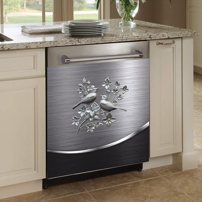 Grey Metal Silver Pattern Dishwasher Cover Sheet Magnetic Bird Flower Polishing Steelbird Dishwasher Skin Decor Silver Texture 23X26 INCH Magnet Rerigerator Wrap Kitchen Panel Full Decal