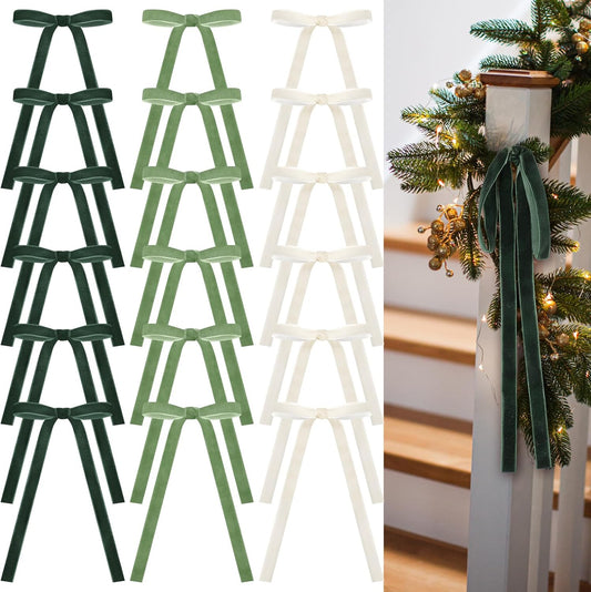 Skiennix 24 Pcs Velvet Christmas Tree Bows - Vintage Ribbon for Crafts & Decor | Dark Green, Beige, Sage Green