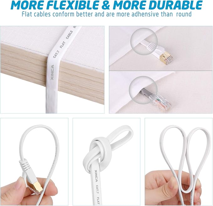 XINCA Cat 7 Flat Ethernet Cable 15ft White, High Speed 10GB Shielded (STP) LAN Internet Network Cable Ethernet Patch Computer Cable with Rj45 Connectors and 5pcs Adhesive Cable Clips