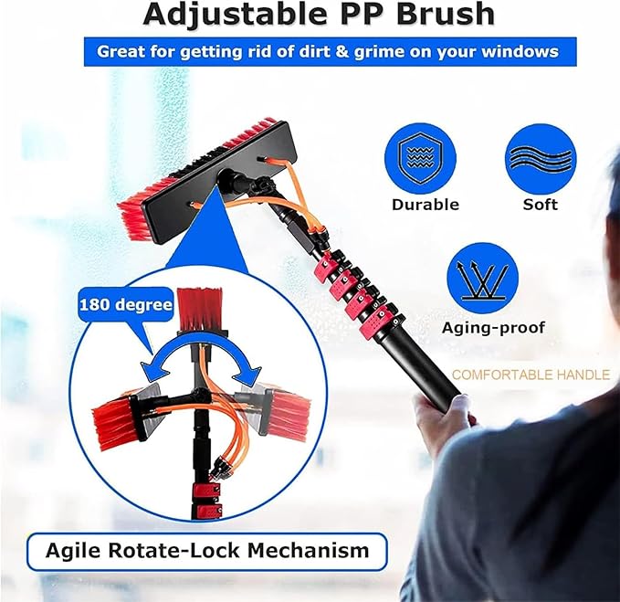 Telescopic Water Fed Pole Window Cleaner Kit - 20M Hose, 50cm Brush Head, Extendable Roof Cleaning Brush for Conservatory, Efficient Window & Roof Cleaning Tools
