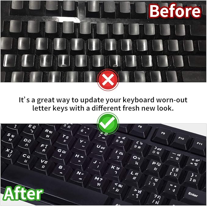 2PCS Thai Keyboard Stickers, Thai-English Keyboard Letters Replacement Sticker White Font on Black Background for Computer Laptop Notebook Desktop, Matte Vinyl Keyboard Alphabet Sticker