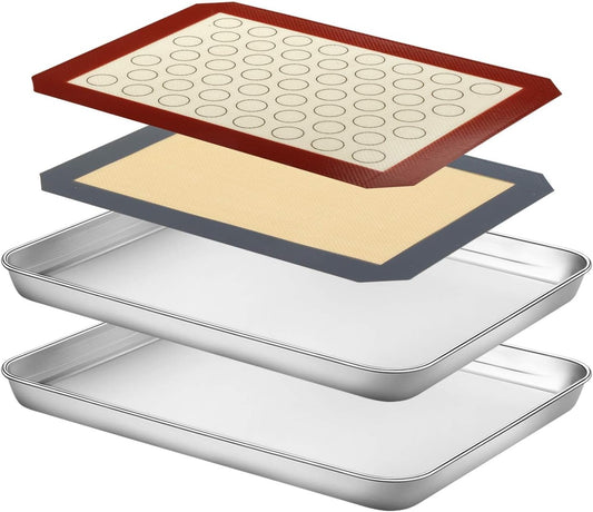 Yododo Baking Sheet Set - Heavy-Duty Stainless Steel Cookie Trays with Silicone Mats | 12-Inch Size