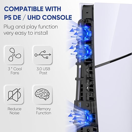 Klipdasse PS5 Slim Cooling Fan with LED Light, Adjustable Speed (3 Mode), USB 3.0 Port, Silent Enhanced Cooling Fan Compatible with PS5 Slim Disc & Digital - Black