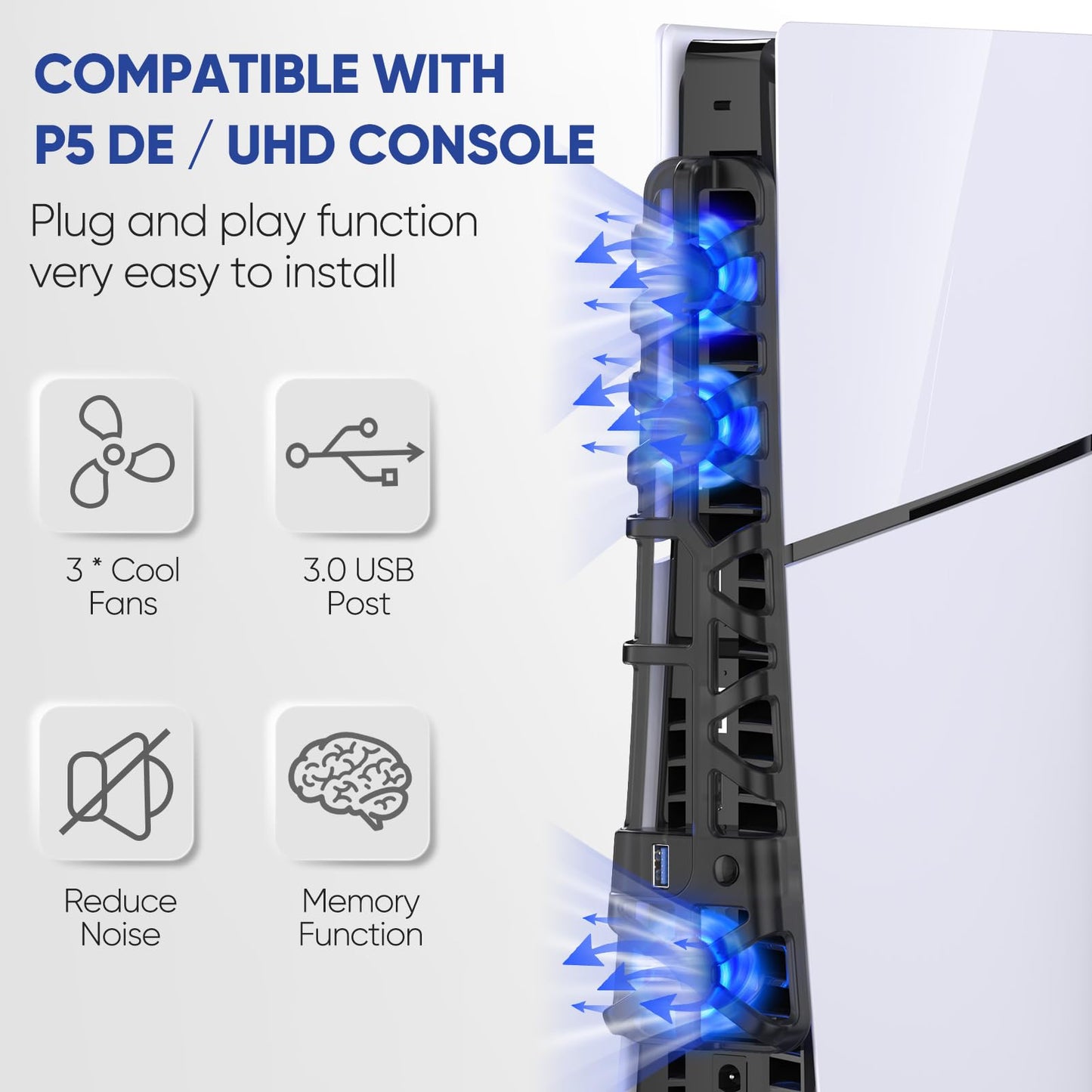 Klipdasse PS5 Slim Cooling Fan with LED Light, Adjustable Speed (3 Mode), USB 3.0 Port, Silent Enhanced Cooling Fan Compatible with PS5 Slim Disc & Digital - Black