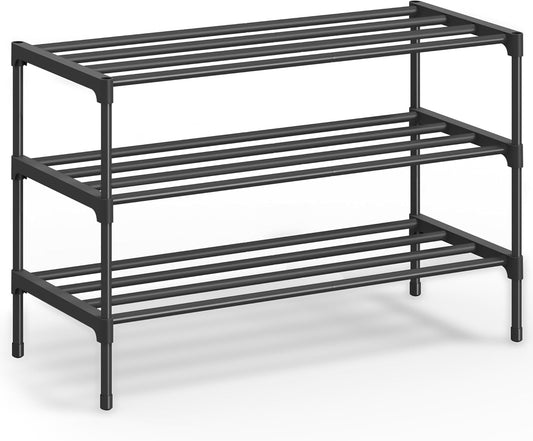 SONGMICS 3-Tier Shoe Rack - Compact Metal Organizer for Entryway & Bedroom | Stackable, Black, 11.8 x 24.5 x 19.1 Inches