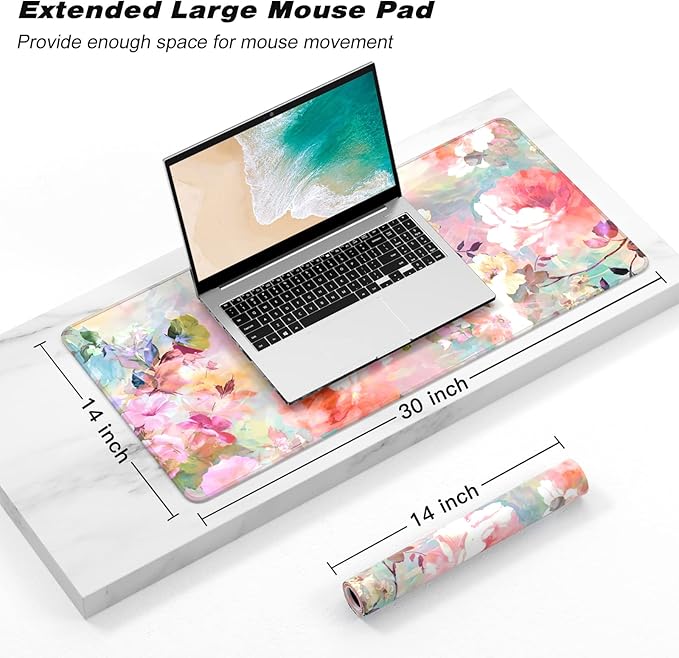 Atufsuat Extended Gaming Mouse Pad, XXL Large Desk Pad 30 x 14 Inch, Big Computer Keyboard Mousepad, Waterproof Mouse Mat with Stitched Edges and Non-Slip Base for Women Office Gaming, Flower