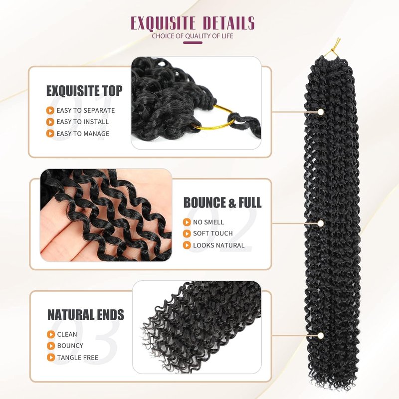 Passion Twist Hair - Water Wave Braiding Extensions for Butterfly Style Crochet Braids | 24 Inch, #1B (7 Packs)