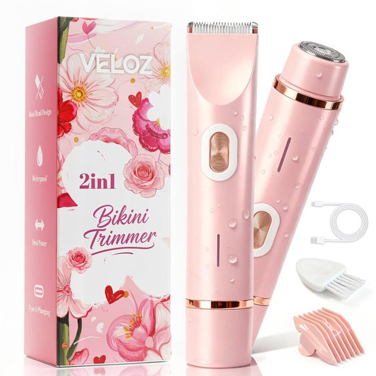 VELOZ 2-in-1 Bikini Trimmer for Women, Dual Head Electric Razor for Bikini Line, Face, Legs & Underarms, IPX7 Waterproof Cordless Shaver for Wet & Dry Use, Gentle Grooming for Sensitive Skin