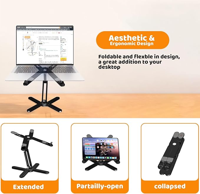 Moallia N86 360 Rotating Laptop Stand, Adjustable Height & Angle, Ergonomic Metal Riser for Desk Collaborative Work, Fully Foldable for Easy Storage, Fits All MacBook & Laptops up to 16 inches, Black