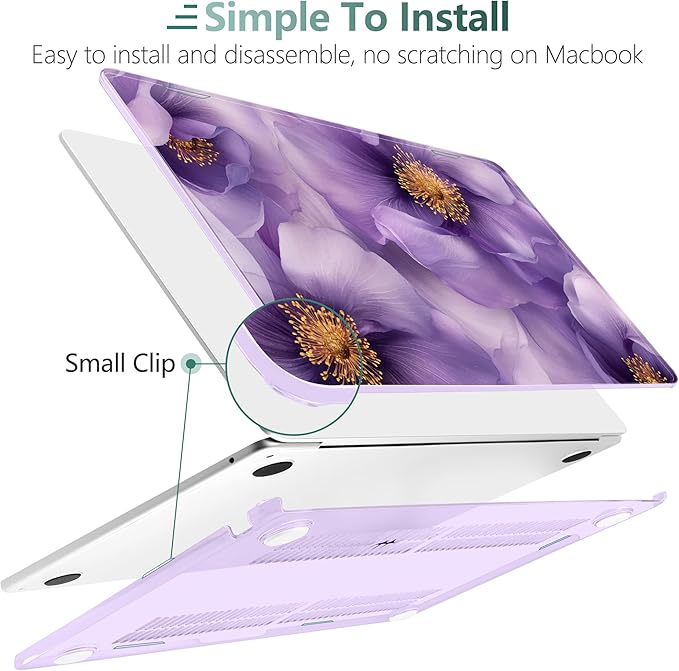 TWOLSKOO for MacBook Air 13 inch Case M4 A3240 M3 A3113 M2 A2681 2025 2024 2022 Plastic Hard Shell, Keyboard Cover, Type C Adapter, Screen Protector for MacBook Air 13.6 inch, Purple Flowers