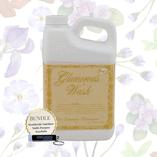 Worldwide Nutrition Bundle: Tyler Glamorous Wash Icon Scent Laundry Liquid Detergent - Luxury Liquid Laundry Detergent - 32 oz (907 g) Container and Multi-Purpose Key Chain