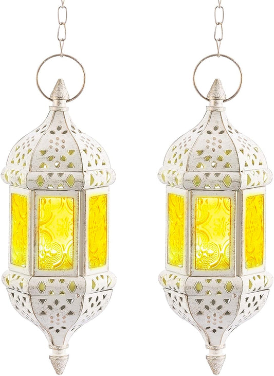 Regine Switzerland Moroccan Lantern - Metal Hanging Tealight Candle Holder | Battery Operated LED, White