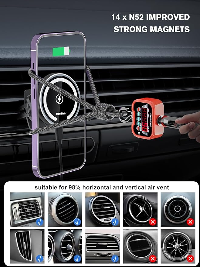 MAGJIEYX for Magnetic Magsafe Car Mount Charger, Wireless Car Charger with Fast 36W QC3.0 Charging Adapter Retractable Arm Phone Holder Fits iPhone 15/14/13 Plus/MagSafe Case,Dashboard/Vent/Windshield