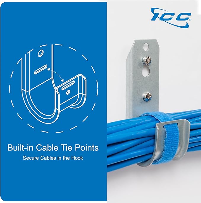 ICC 3/4-Inch Wall Mount J-Hook – 25-Pack, Cable Support 3/4" J Hooks Without Retainer Clips, Galvanized Steel with Zinc Finish – for Structured Cabling and Cable Management