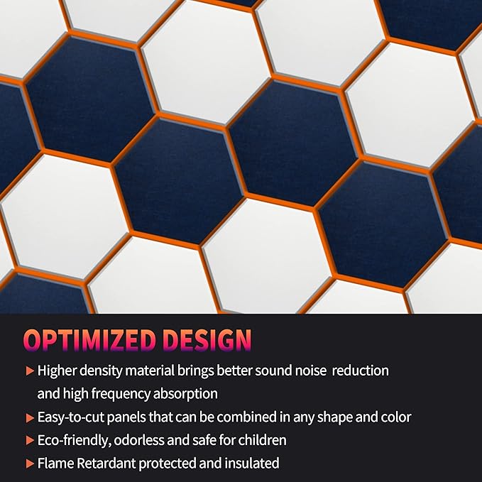 Mollywell Hexagon Acoustic Panels 14x12 - Reduce Echo & Reverb, Noise Blocking Wall Tiles for Studio & Home Office, Moon Gray & Orange Sound Absorbing Panels