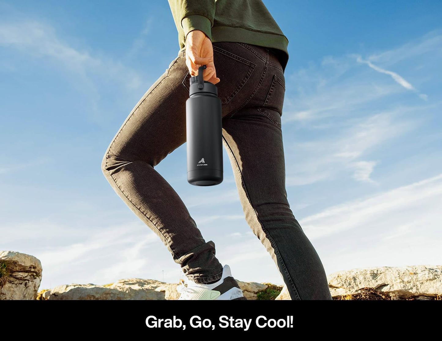 POWCAN 32 oz Insulated Water Bottle - 2-in-1 Straw & Spout Lid, Keeps Drinks Cold 24H, BPA-Free (Dark Knight)