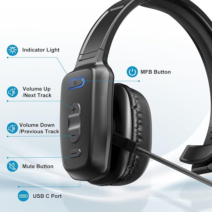 Bluetooth Headset, 60hrs AI Noise Canceling V5.2 Over Head Headphones, Single Ear Trucker Wireless Headset with Mic, Mute Button, Multipoint, for Phones PC Computer Truck Driver Office Work - Black