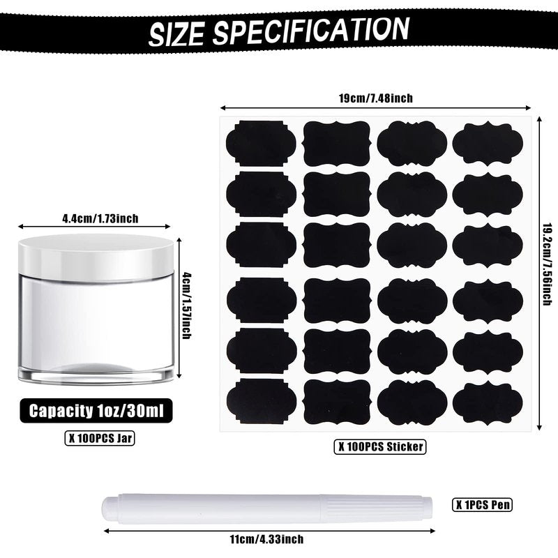 100 Set Plastic Jars Makeup Travel Makeup Container with Lids Small Storage Containers for Creams Toiletries Chalkboard Label Stickers Marker(1 oz,White)