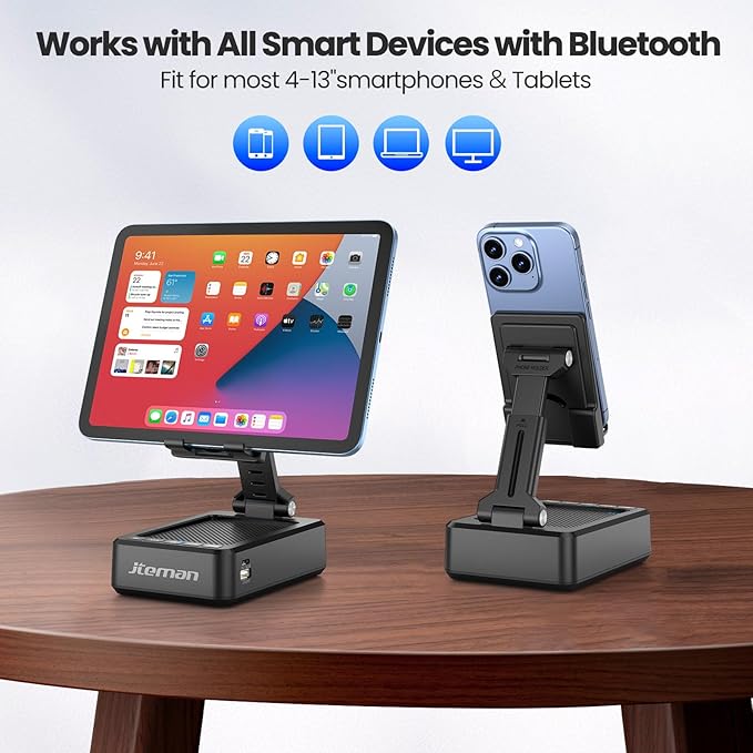 JTEMAN Cell Phone Stand with Bluetooth Speaker and Charging Function, HD Sound Adjustable Phone Holder, Birthday Gifts for Men Women, Cool Tech Kitchen Gadgets for All Phones,Tablet (Black)