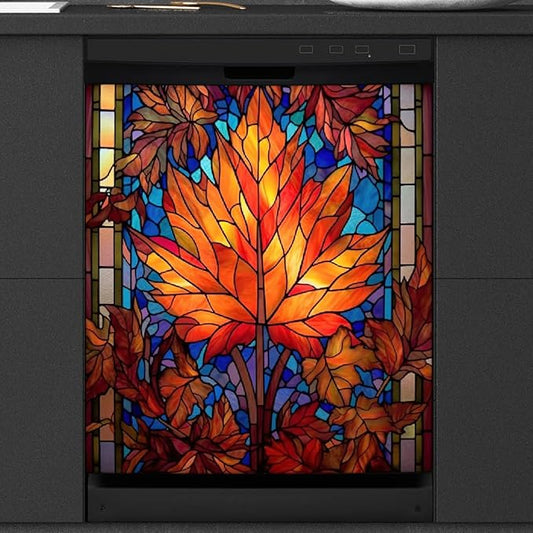 Autumn Gold Glass Maple Dishwasher Magnet Cover for The Front Magnetic Dishwasher Door Covers Dish Washer Sticker Wrap Home Decorative Appliances Panel Decal Kitchen Decor 23" x 26" (Magnetic)
