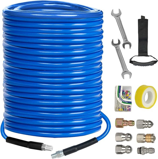 Xiny Tool Sewer Jetter Kit for Pressure Washer 200FT, 4000 PSI Drain Cleaner Hose 1/4 Inch NPT, Corner Rotating and Button Hose Sewer Jetting Nozzle Pearl Corsage Pin Tape Handle Strap Spanner, Blue