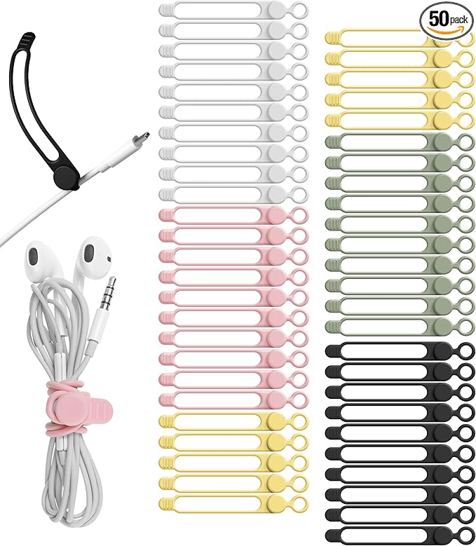 Nearockle 50Pcs Silicone Cable Ties Cord Organizer for Bundling Earphone, Phone Charger, Computer Cords, Reusable Wire Organizer Cable Management in Home,Office,Kitchen,School (5 Colors)