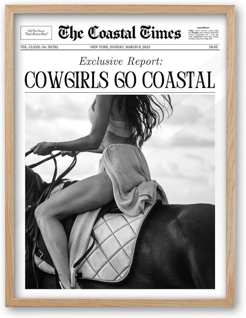 iHery Cowgirls Go Coastal Canvas Wall Art - Trendy 8x10in Framed Newspaper Decor for Bedroom & Living Room
