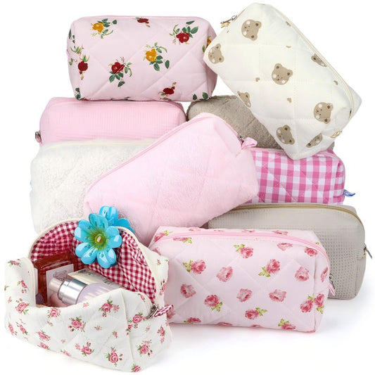 Paterr 10 Pcs Quilted Makeup Bag Bulk Cotton Floral Cosmetic Bag Women Girls Bridesmaid Gifts Cute Makeup Pouch Coquette Aesthetic Travel Toiletry Organizer(Beige Floral,7.87 x 4.72 x 3.15 Inches)