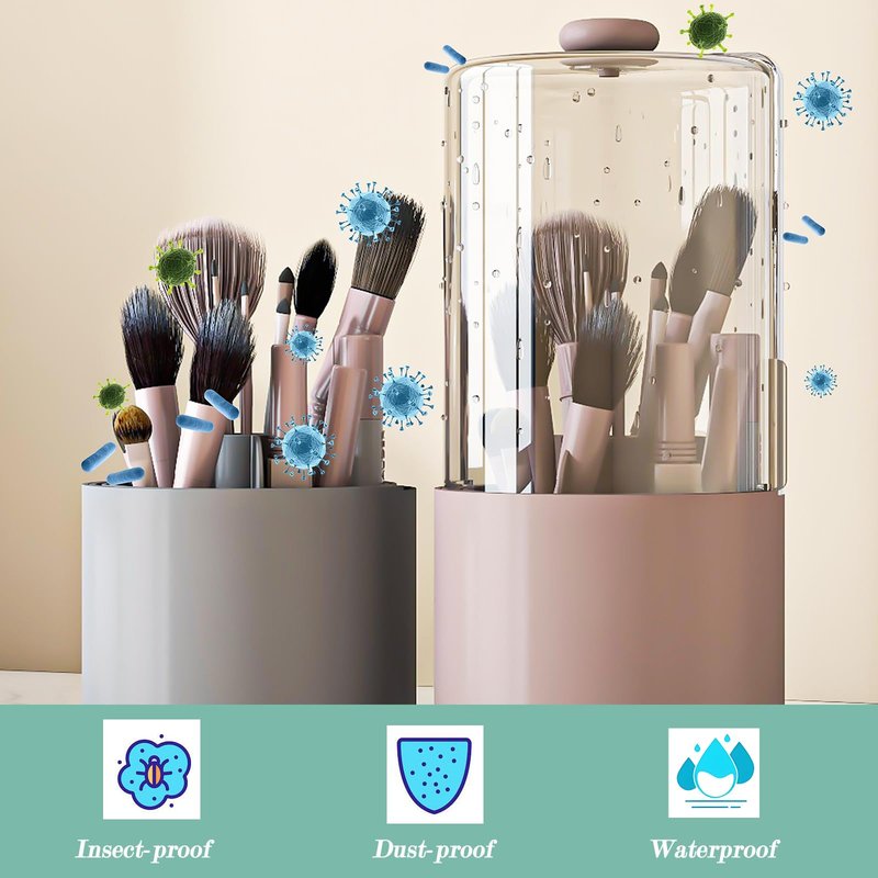 Zufudo Makeup Brush Holder with Dustproof Cover, Clear 360 Rotating Make Up Brushes Organizer for Counter Vanity Bathroom, Pink