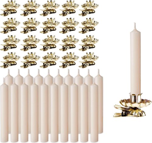 BRUBAKER Tree Candles - Vintage Champagne Candles with Holders | Pack of 20, 3¾ x ½ Inches