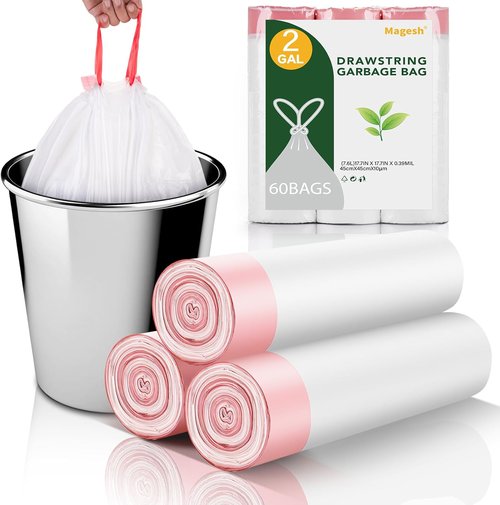 Magesh 2 Gallon Small Trash Bags - Strong Drawstring Mini Garbage Bags, 60 Count, White, Unscented