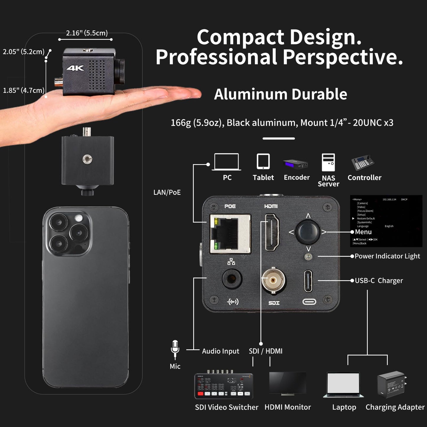 zowietek 4K POV Box Camera PoE, ZowieCAM, SDI & HDMI & UVC Output, Standalone RTSP/RTMP(s)/SRT Live Streaming, Ultra-Compact, Interchangeable Lens, PC/Mobile Phone/Tablet Control (M12)