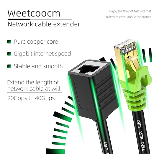 Weetcoocm Ethernet Extension Cable 20ft, Network Cat6a Extension Patch Cable RJ45 Cords Shielded Male to Female Connector (20FT)