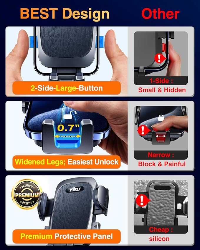 YRU True Military-Grade [360° Rotation Suction] 2026 Ultimate Car Phone Holder Mount 【90+LBS Safest Strongest & Patent Certs】 Dashboard Windshield Vent for iPhone 17 16 Pro Max Samsung, Jet Black