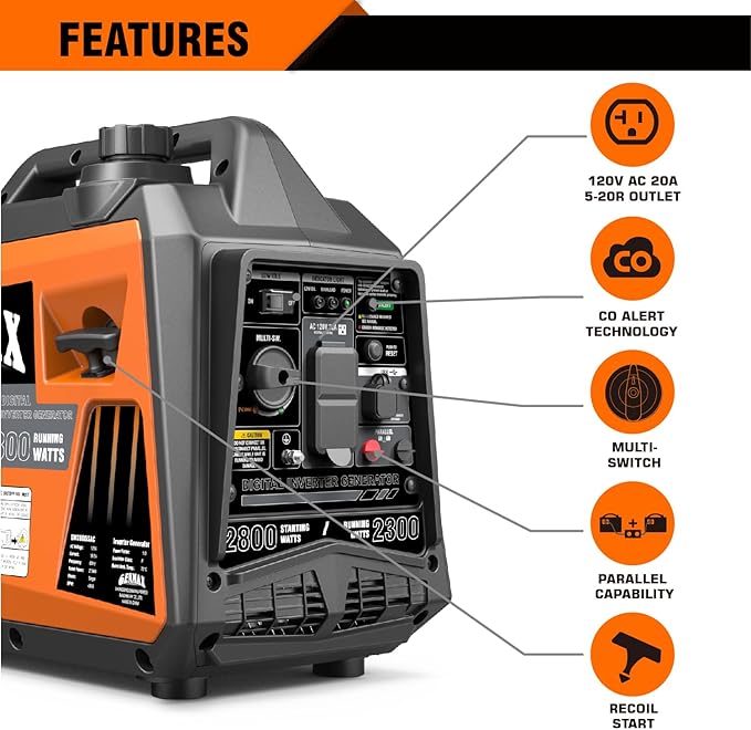 GENMAX Portable Generator, 2800W ultra-quiet gas engine,with CO Sensor and Parallel Capability, Ideal for camping outdoor Home backup power.EPA &CARB Compliant (GM2800iSAC)