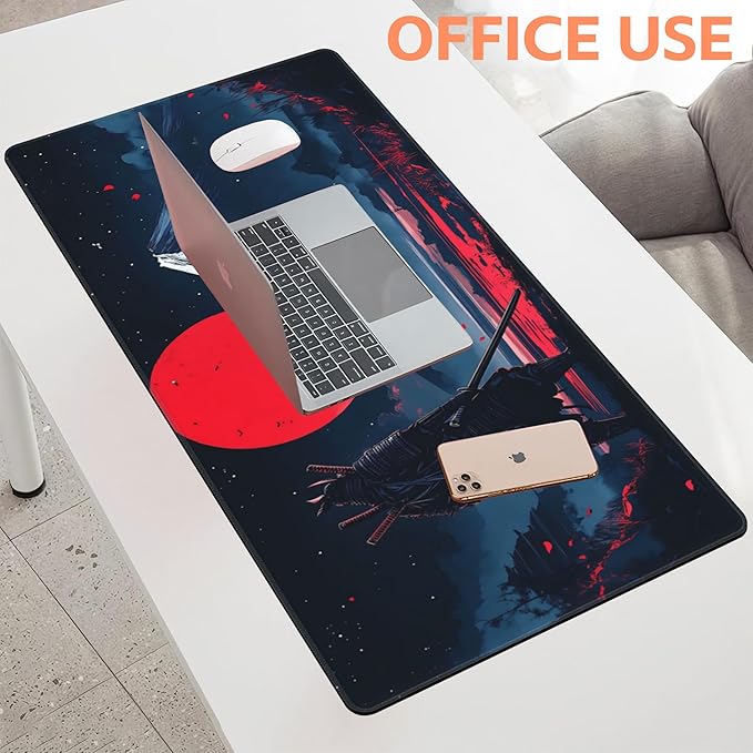 NIYLYNSYN Mouse Pad Large Samurai and Red Moon Non-Slip Game Desk Mat with Stitched Edge Laptop Keyboard Desk Pad for Work Home Gaming (35.4 x 15.7 Inches)
